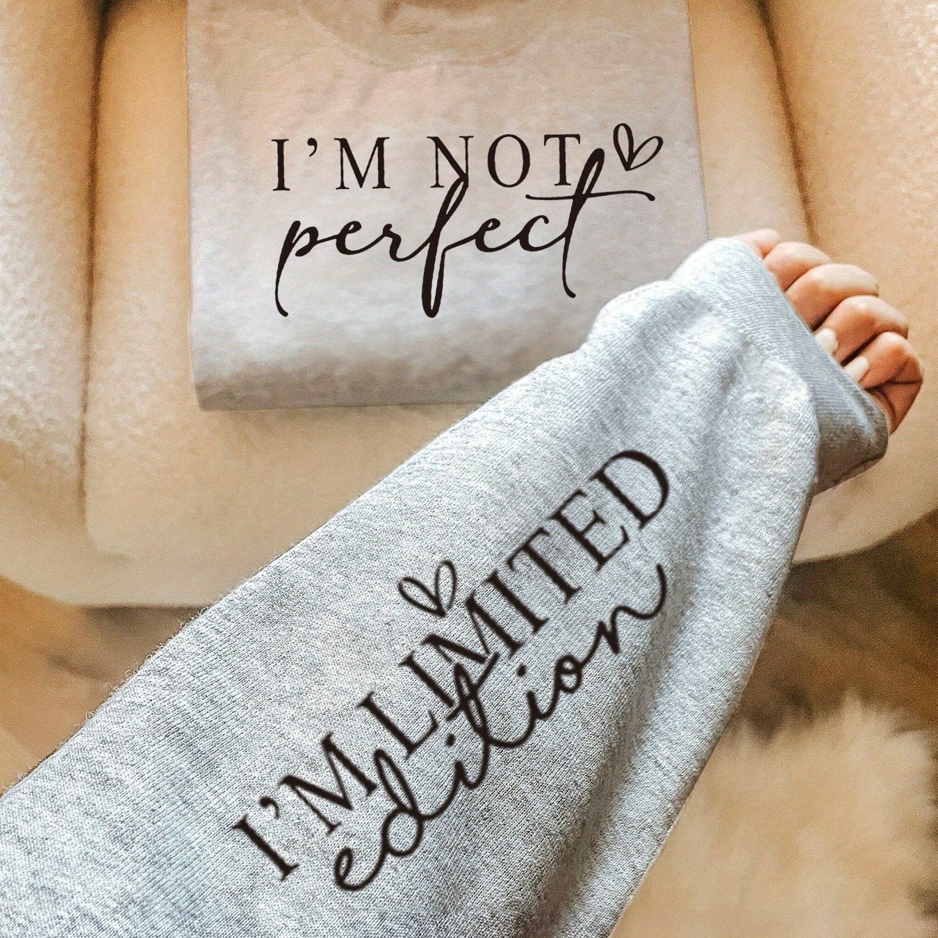 Long - Sleeve Round - Neck Sweatshirt with The Print 'I'M NOT Perfect' on The Sleeves - veyora