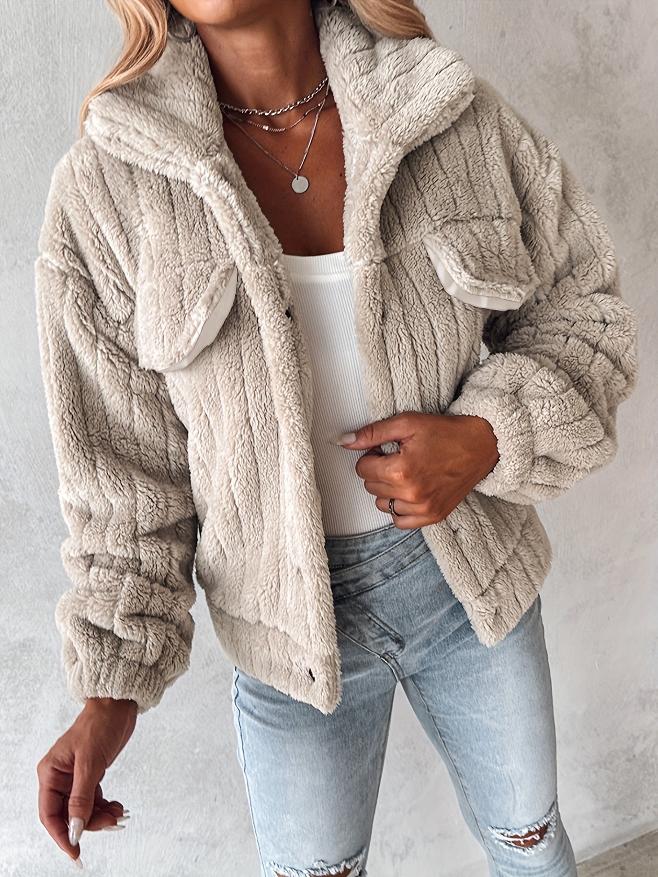 Women's Plush Casual Jacket - Soft Pink Winter Coat with Stand - Up Collar & Button Front, Machine Washable Fall/Winter Outerwear for Everyday Comfort, Buttonup Front, Cozy Fabric - veyora