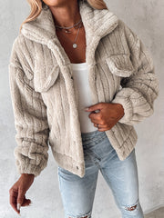 Women's Plush Casual Jacket - Soft Pink Winter Coat with Stand - Up Collar & Button Front, Machine Washable Fall/Winter Outerwear for Everyday Comfort, Buttonup Front, Cozy Fabric - veyora