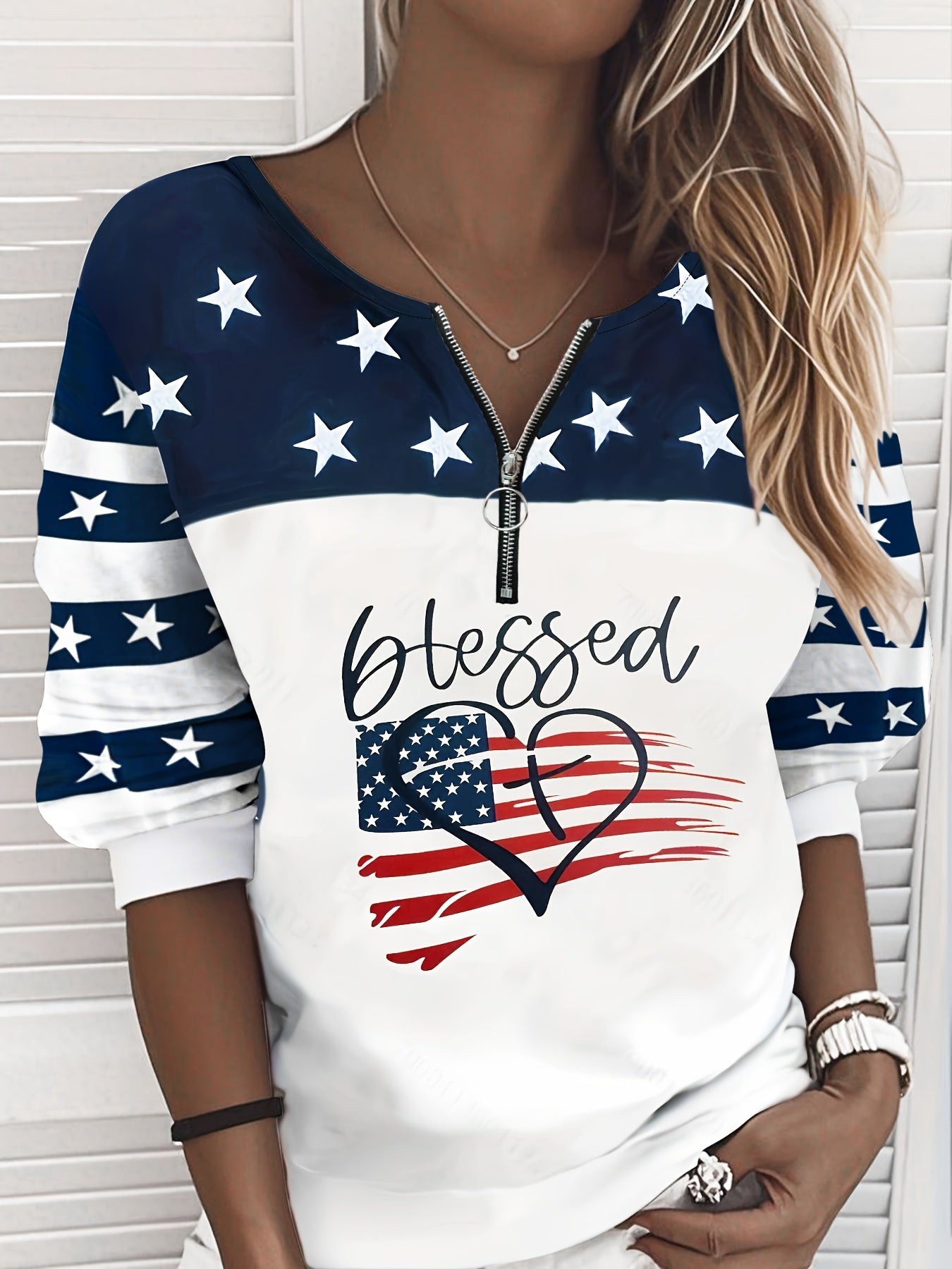 Women's flag blessing sweatshirt casual striped print jumper zip top - veyora