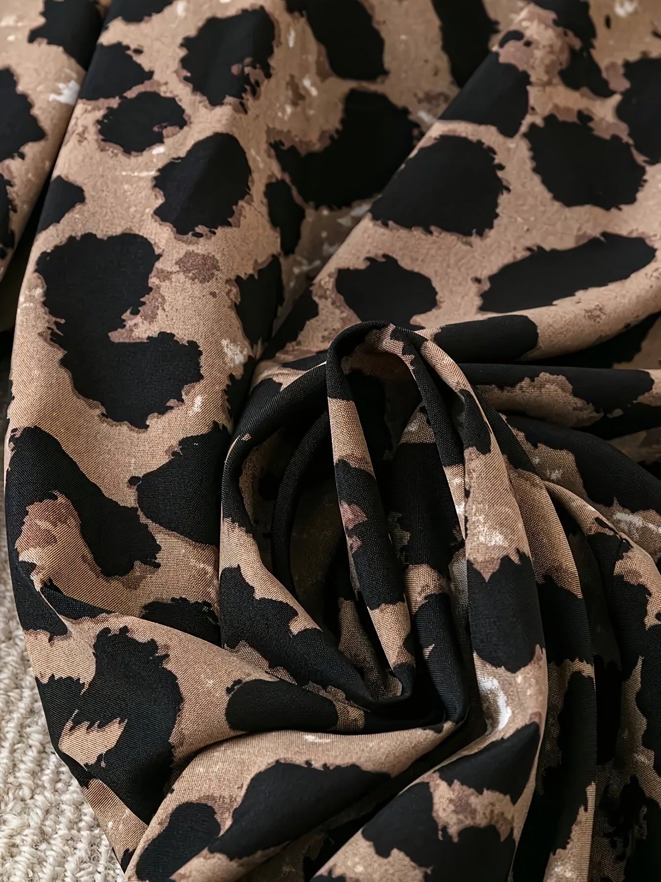 Women's Leopard Print Loose - Fit Ruffle Hem Pants with Elastic Waist - Digital Animal Print Trousers, Machine Washable Non - Stretch Fabric, All - Season Elegant Casual Wear, Versatile Wardrobe Staple, Loose Fit Trousers, Comfortable Waistband, Fashionable Bo - veyora