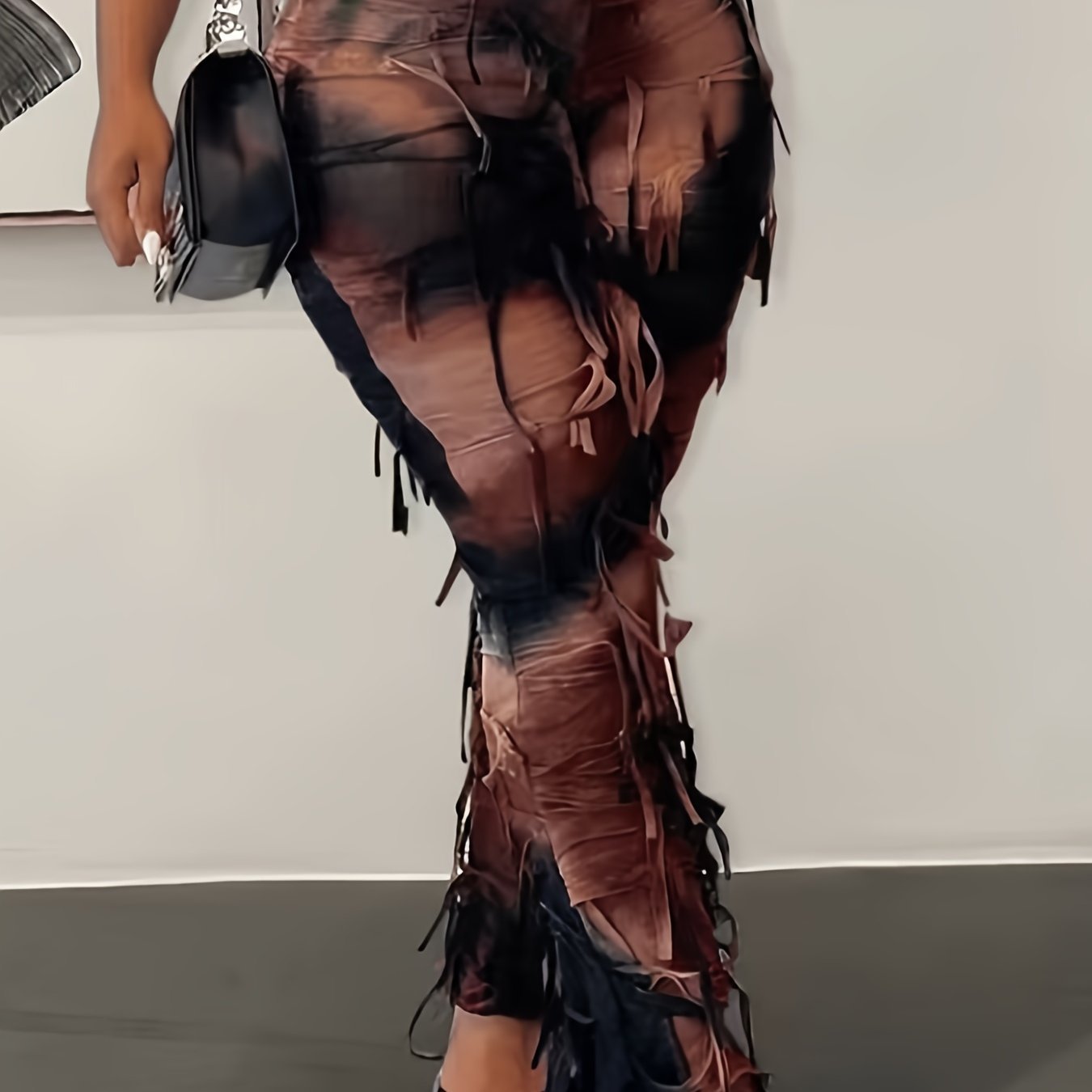 Women's Sexy High - Waisted Tie - Dye Mesh Flare Pants with Fringe Detail - Semi - Sheer Stretchy Trousers, Elastic Waistband, Machine Washable, Autumn/Winter Fashion for Mature Occasions - veyora