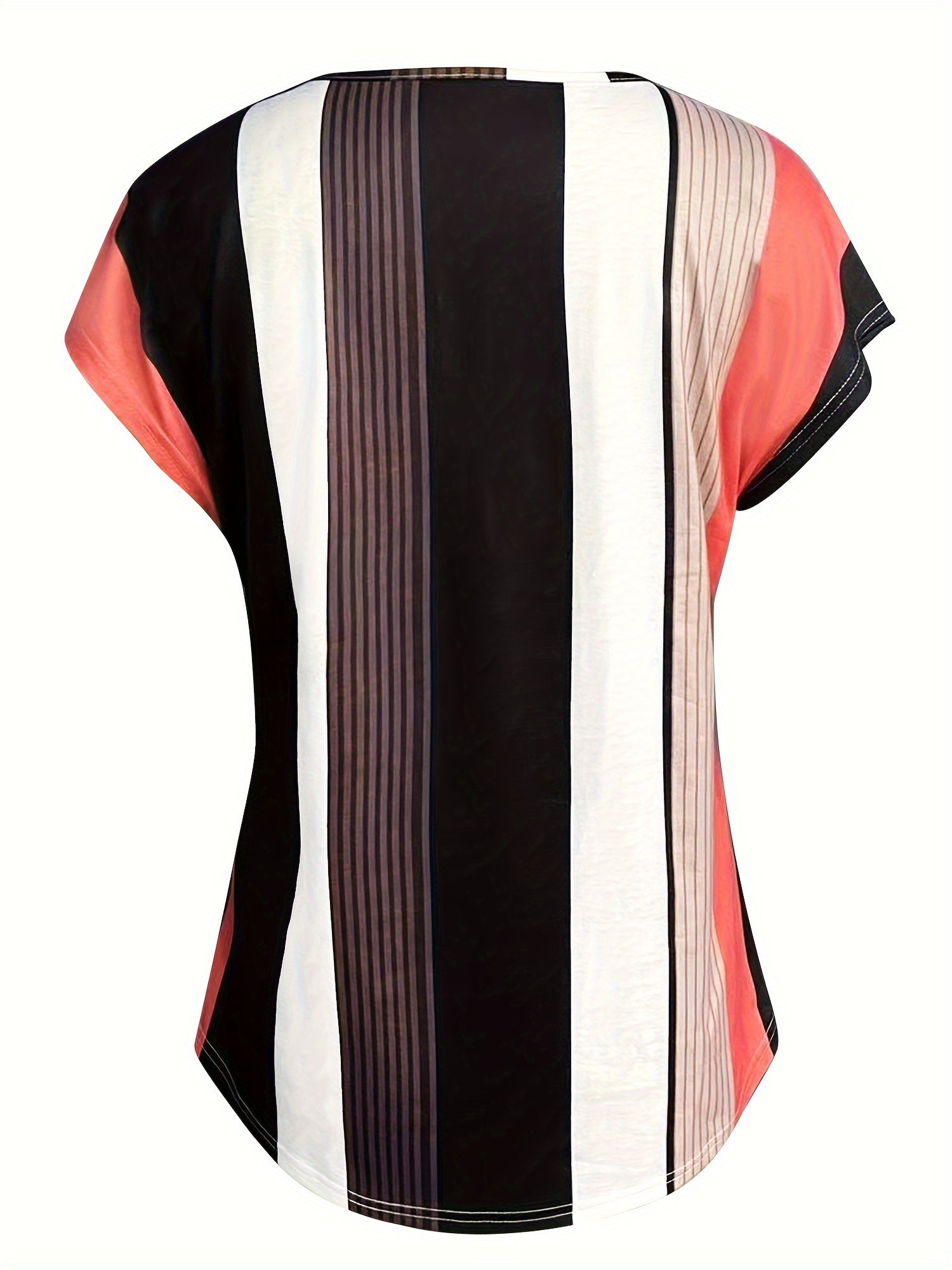 Colorblock Stripe Print V Neck T-Shirt, Casual Short Sleeve Top For Spring & Summer, Women's Clothing - veyora