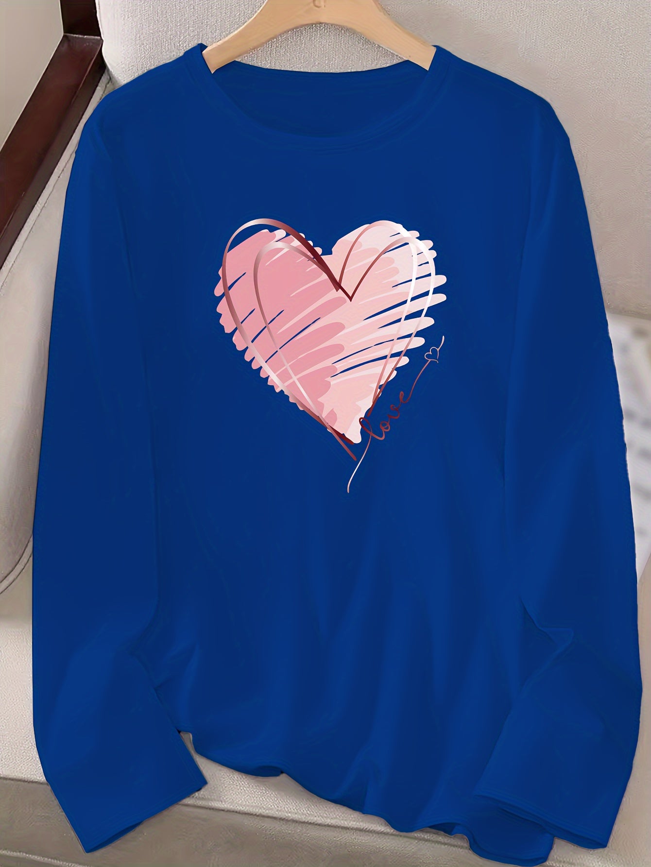 Heart & Love Print Crew Neck T-shirt, Casual Long Sleeve Top For Spring & Fall, Women's Clothing - veyora