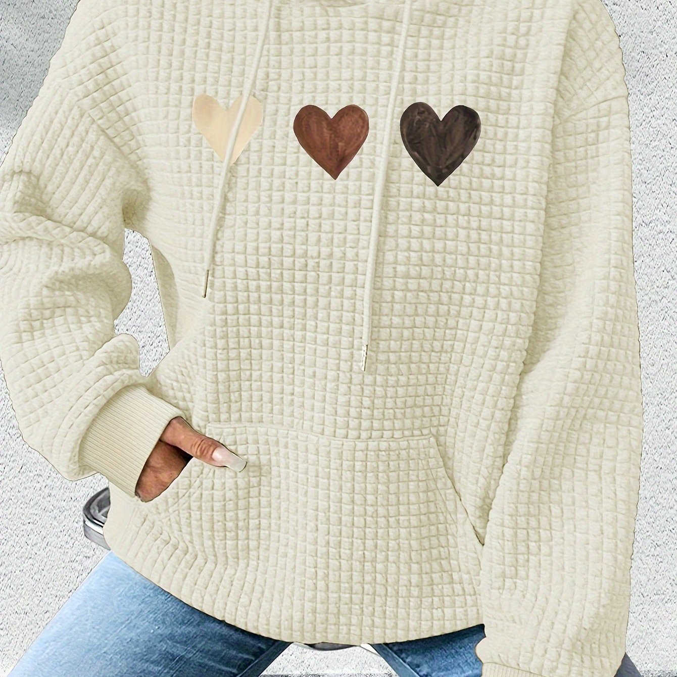 Women'S Long - Sleeve Hoodie with a Waffle Texture Featuring a Repeated Heart Pattern - veyora