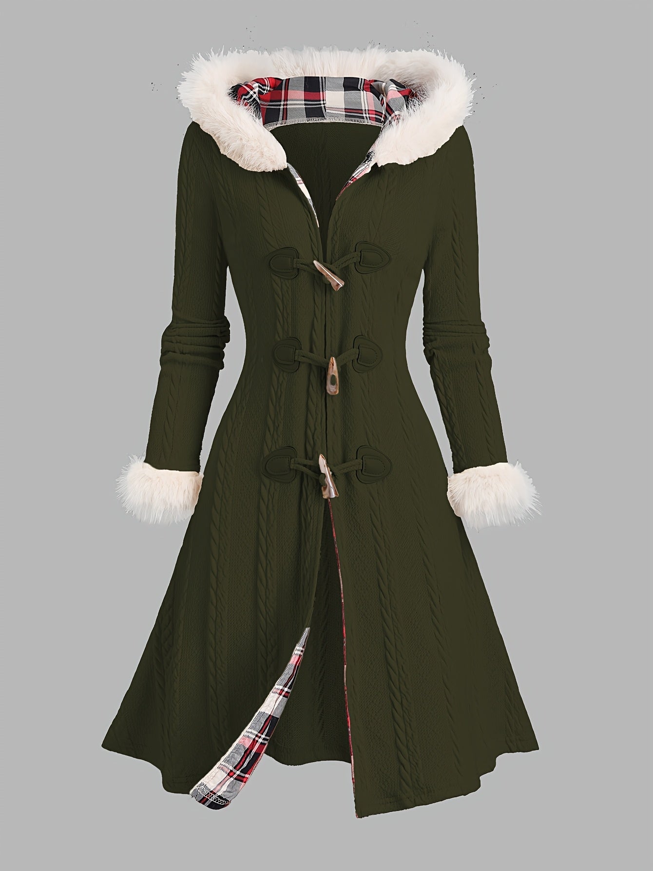 Women'S Y2K Style Plaid Knit Hooded Coat, Polyester 100% Long Winter Jacket with Color Block Design and Cow Horn Buttons, Fall/Winter Collection