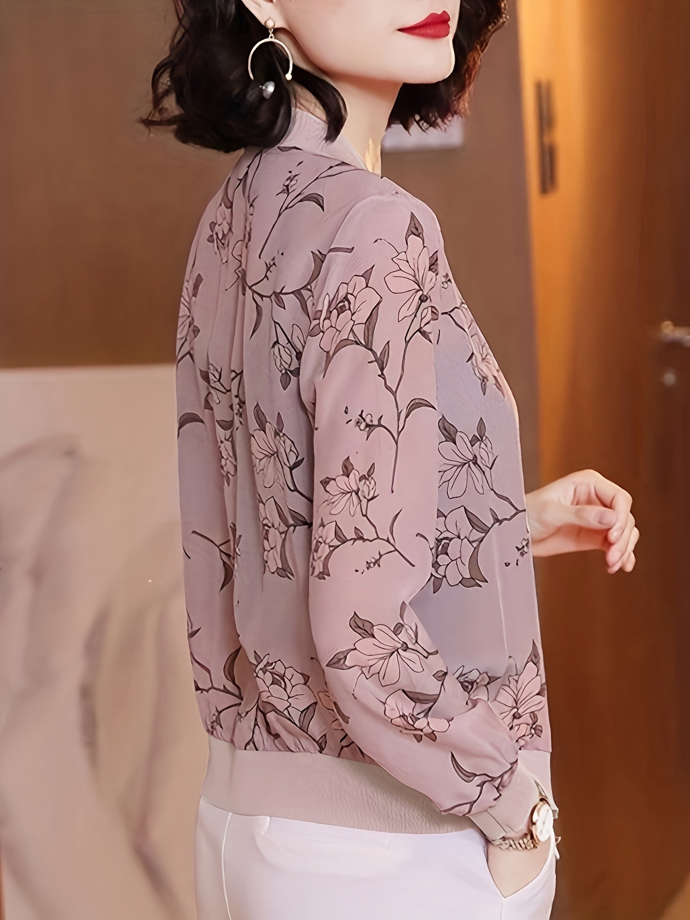 Women's lightweight sunscreen jacket - translucent long - sleeved baseball jacket with front zipper design, loose H - shaped cut suitable for beach, office, and daily wear, floral geometric pattern, breathable fabric, summer fashion item - veyora