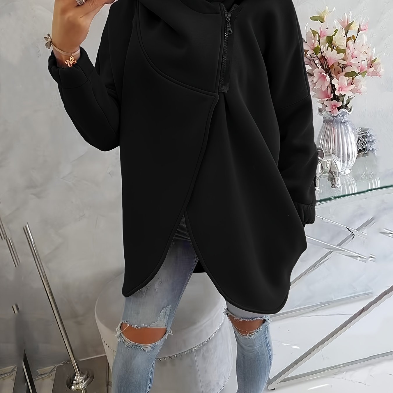 Women'S Hooded Jacket - Long Sleeve Coat with Front Zipper Closure, Lightweight Outerwear for Everyday & Formal Outfits - Spring/Fall Transitional Layering Piece, Spring Fall Clothing, Casual Style, Durable Fabric, Office Wear - veyora