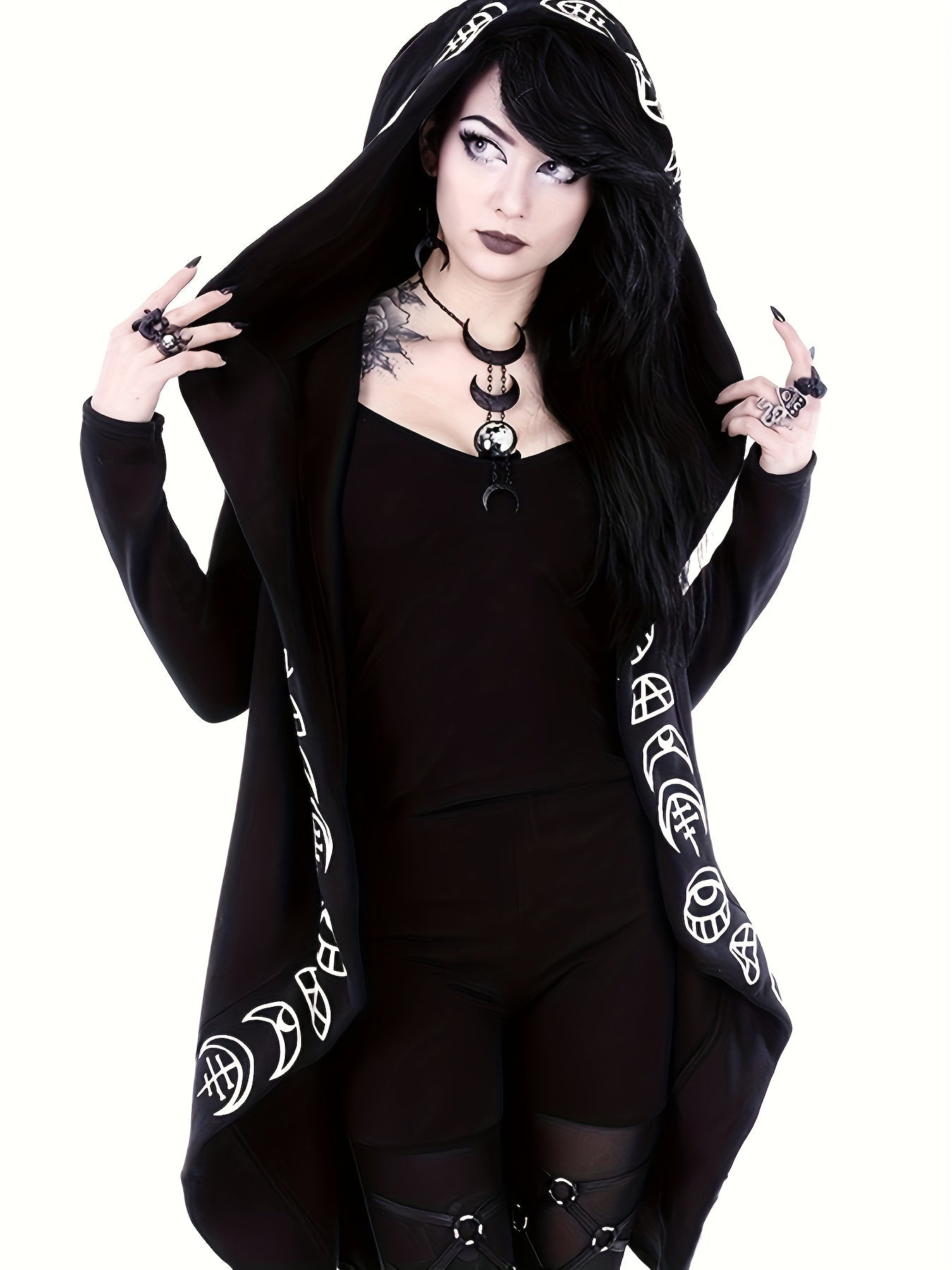 Women'S Hooded Cardigan with Witchcraft Pattern, Gothic Style, Long Sleeves with Hood - veyora