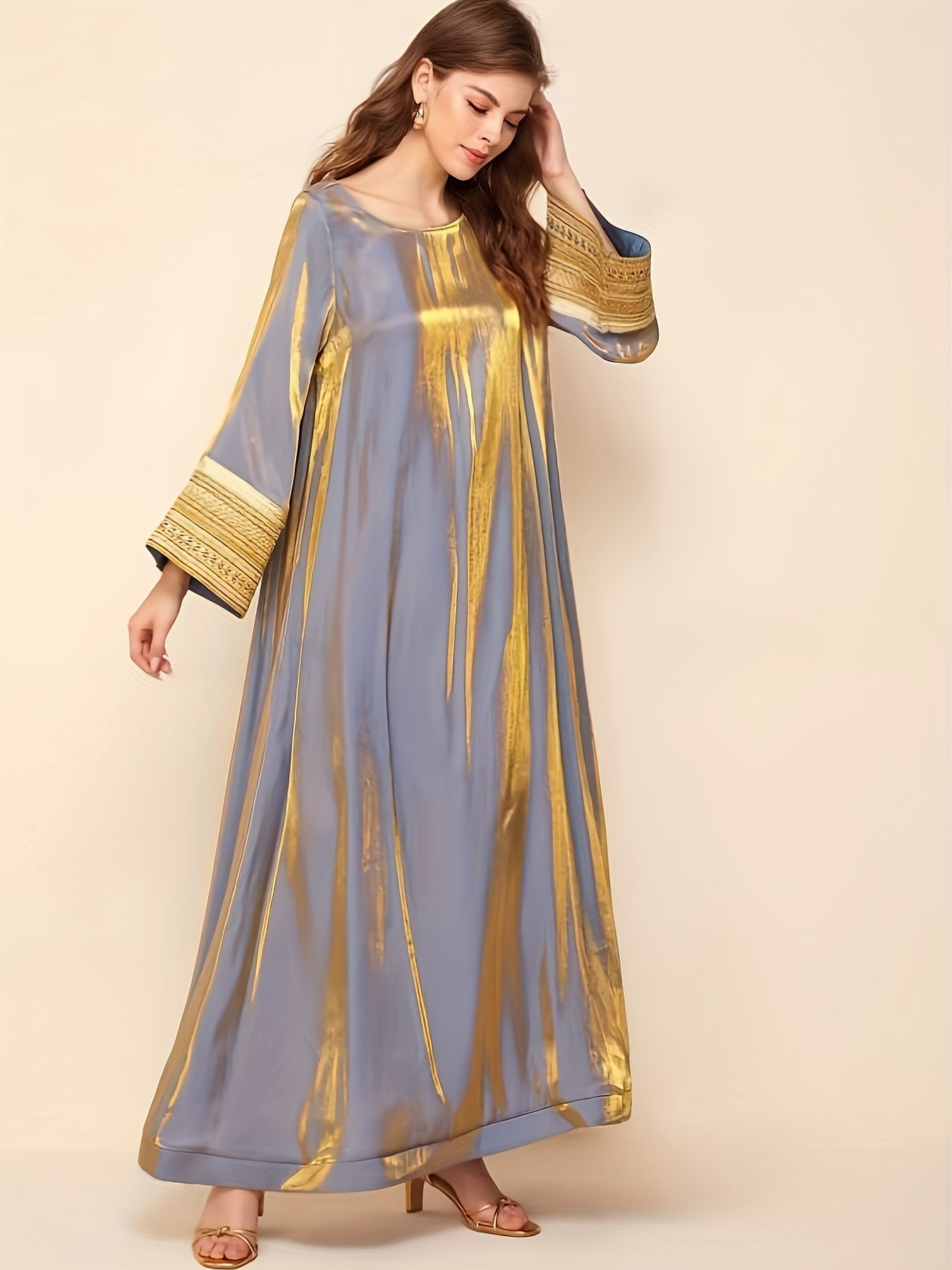 Luxurious Long Sleeve Maxi Kaftan Dress - Elegant Crew Neck, Contrast Sequin Details, Polyester Fabric, Solid Color, Woven, No Elasticity, Middle East Style, Perfect for All Seasons