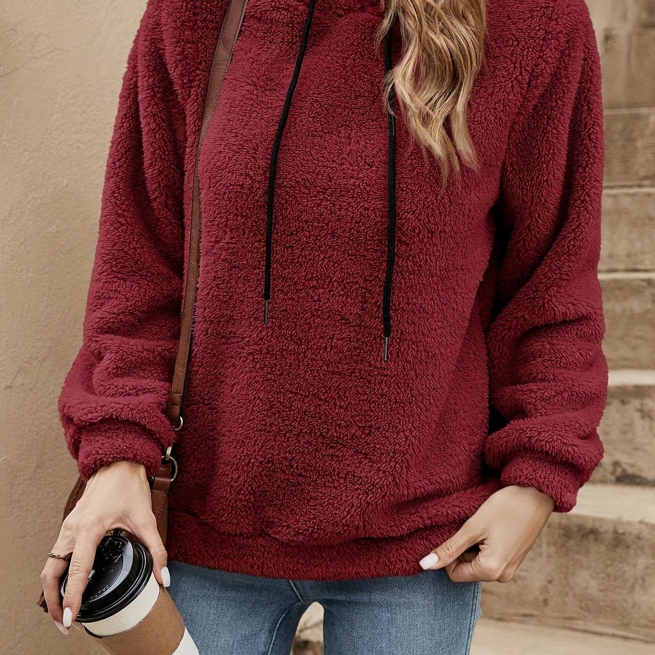 Solid Color Teddy Hoodie, Casual Long - Sleeve Drawstring Sweatshirt, Women'S Clothing - veyora