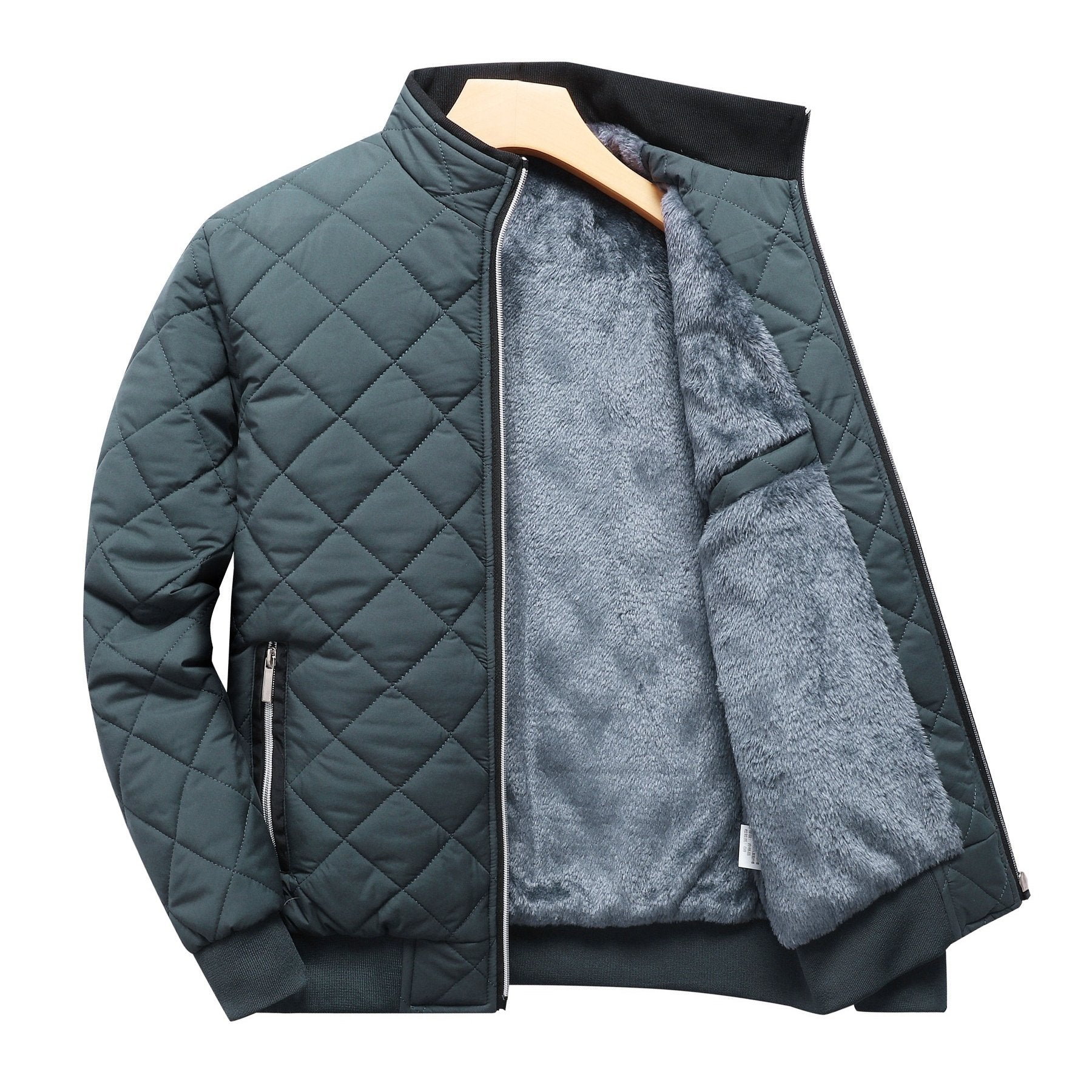 Men's Quilted Fleece - Lined Winter Jacket - Dark Green, Warm & Stylish Zip - Up with Pockets, Casual Loose Fit for Everyday Cold Weather, Winter Clothes - veyora