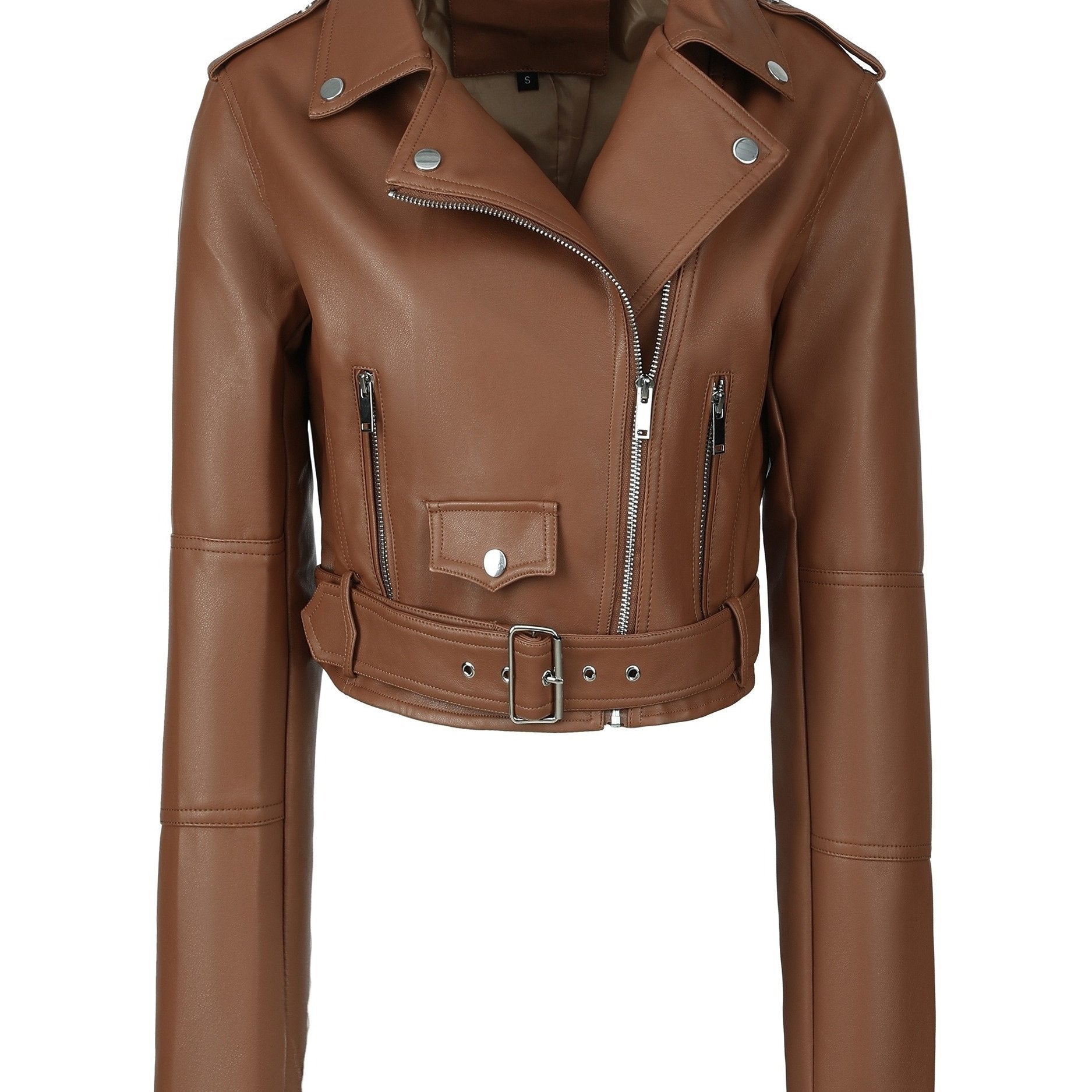 Solid Zipper Front PU Leather Crop Jacket, Casual Long Sleeve Lightweight Jacket for Fall & Spring, Women's Clothing - veyora