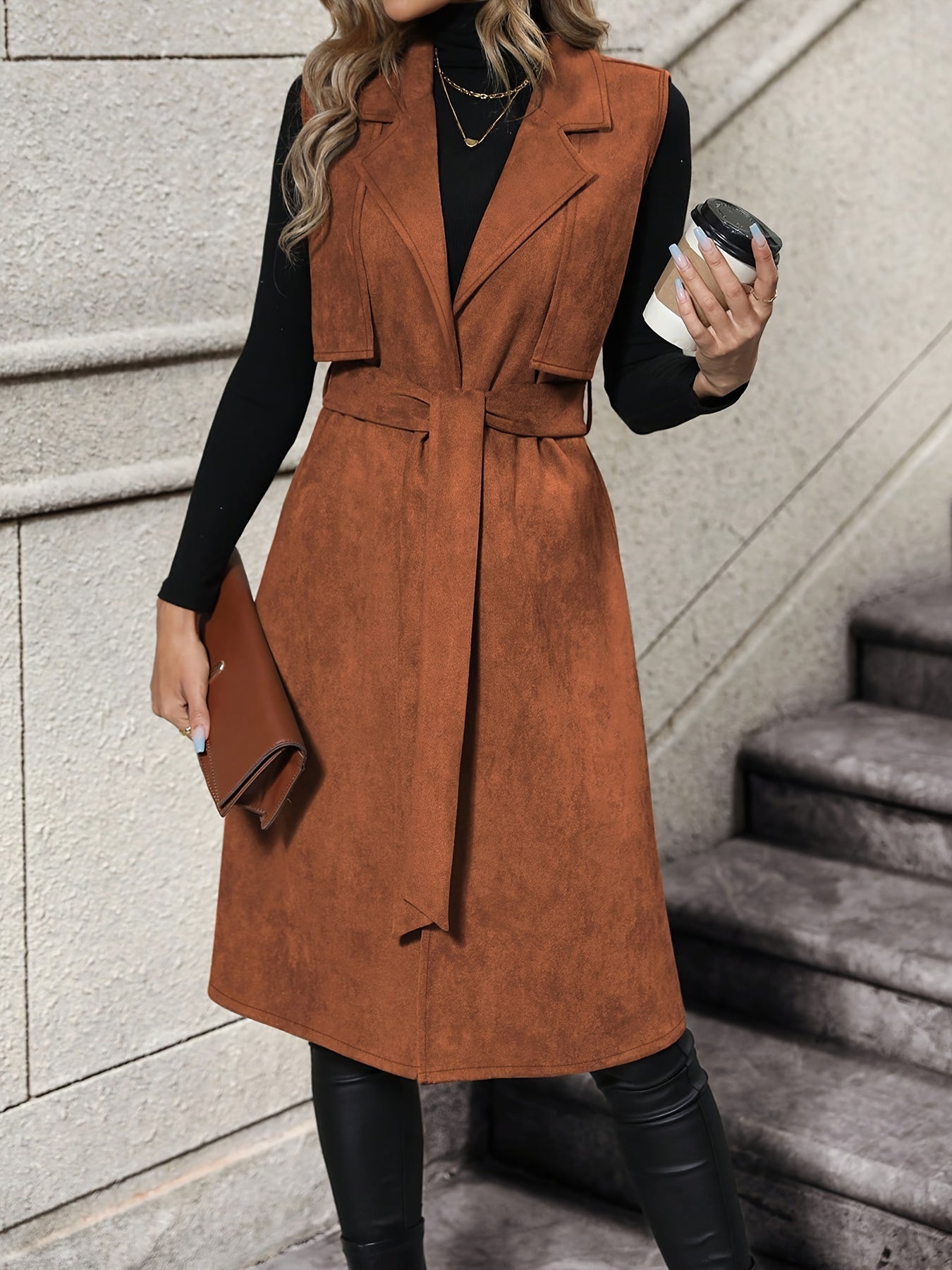 Elegant And Stylish Long Vest with a Belted Waist And No - Button Shawl Collar - veyora