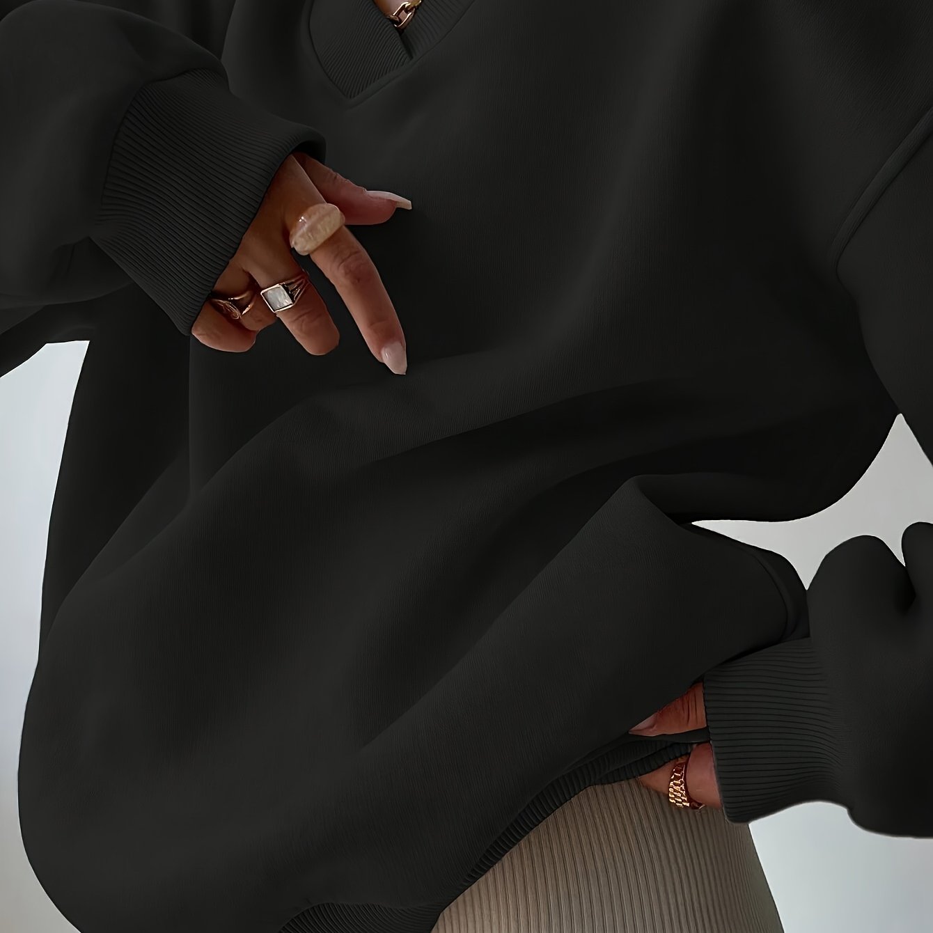 Women'S Fashion Large Cross - collar Loose Version Sweatshirt | Casual V - neck, Slight Stretch Fabric, Solid Color, Fall/Winter Season, Pullover Style, Brand: WCQ - veyora