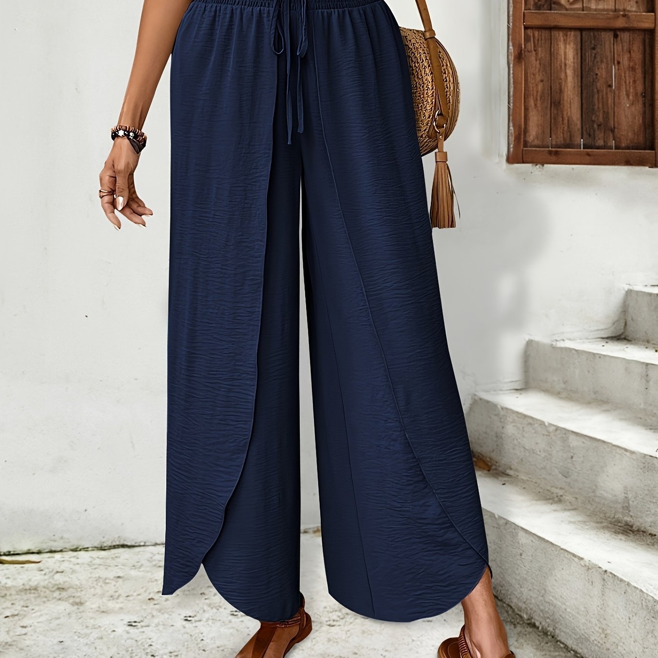 Elegant and Graceful Wide - leg Casual Pants with Overlapping Curved Hem Design - veyora