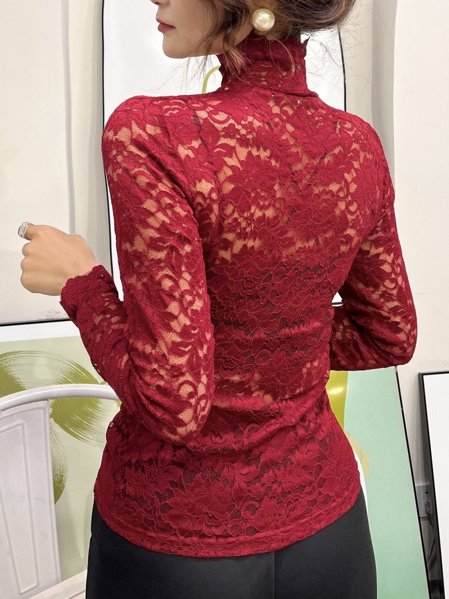 Lace Mock Neck Slim Top, Sexy Long Sleeve Top For Spring & Fall, Women's Clothing - veyora
