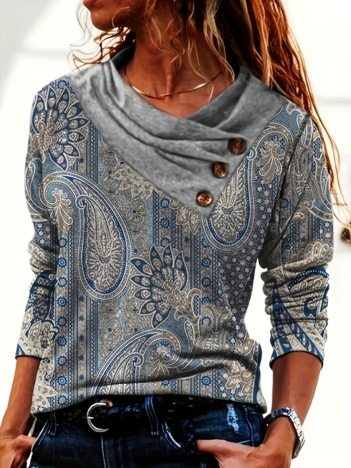 Women'S Elegant Floral Print Long Sleeve V - Neck Button Detail Asymmetric Shoulder Fall Knit Top, High Stretch Polyester 95% Spandex 5% Slim Fit Casual Streetwear Shirt for Spring/Autumn - veyora