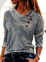 Women'S Elegant Floral Print Long Sleeve V - Neck Button Detail Asymmetric Shoulder Fall Knit Top, High Stretch Polyester 95% Spandex 5% Slim Fit Casual Streetwear Shirt for Spring/Autumn - veyora
