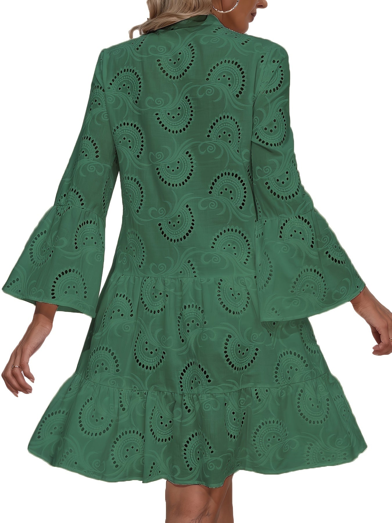 Elegant Green V-Neck Shift Dress with Embroidered Bell Sleeves - Lightweight, Loose Fit, Knee-Length with Button Closure and Eyelet Details, Perfect for All Seasons