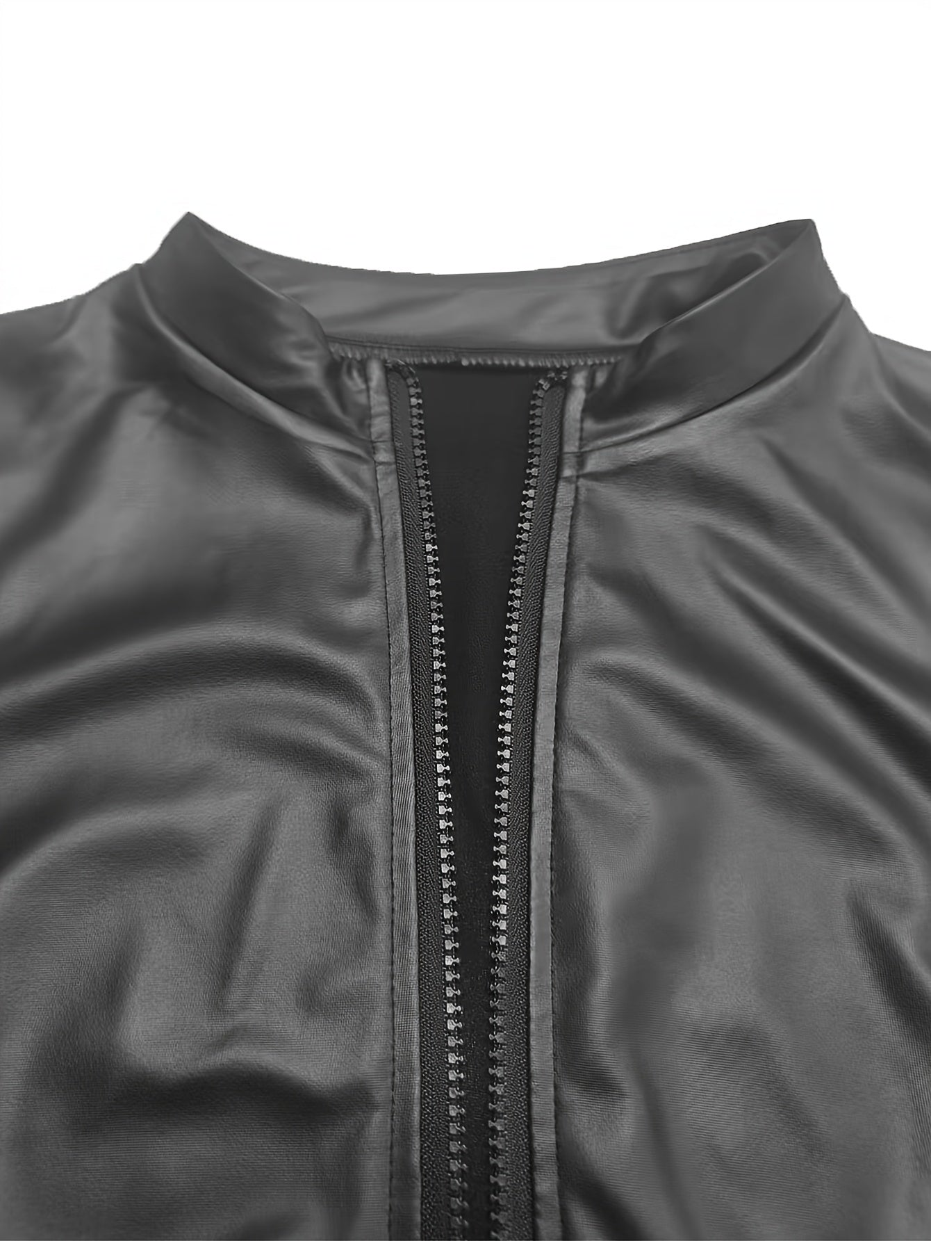 Casual Solid Fitted Zip Up Long Sleeve PU Leather Jacket for Ladies, Women's Clothing - veyora