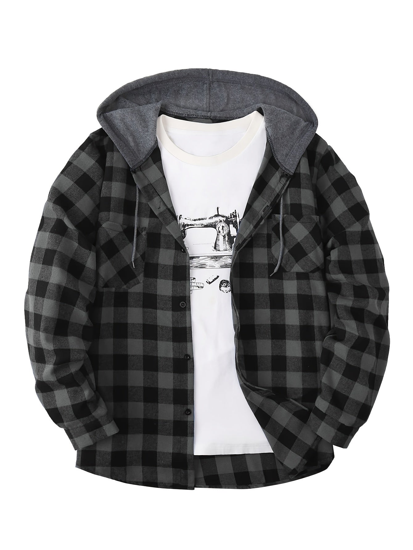 Men's Plaid Hooded Shirt Coat, Long Sleeve, Button Up, Casual Fit - veyora