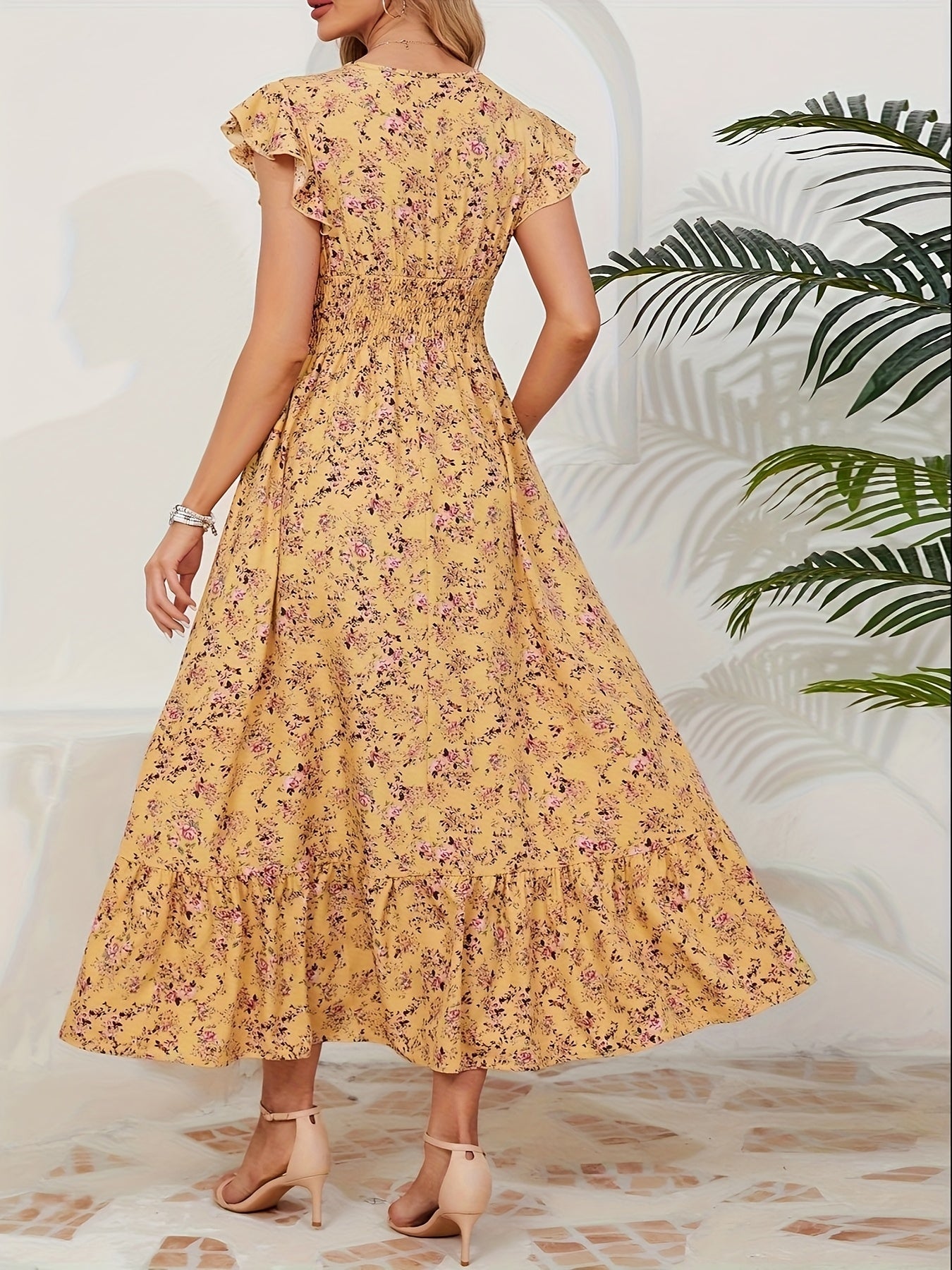 Vacation-Themed Floral Waist-Tied Dress