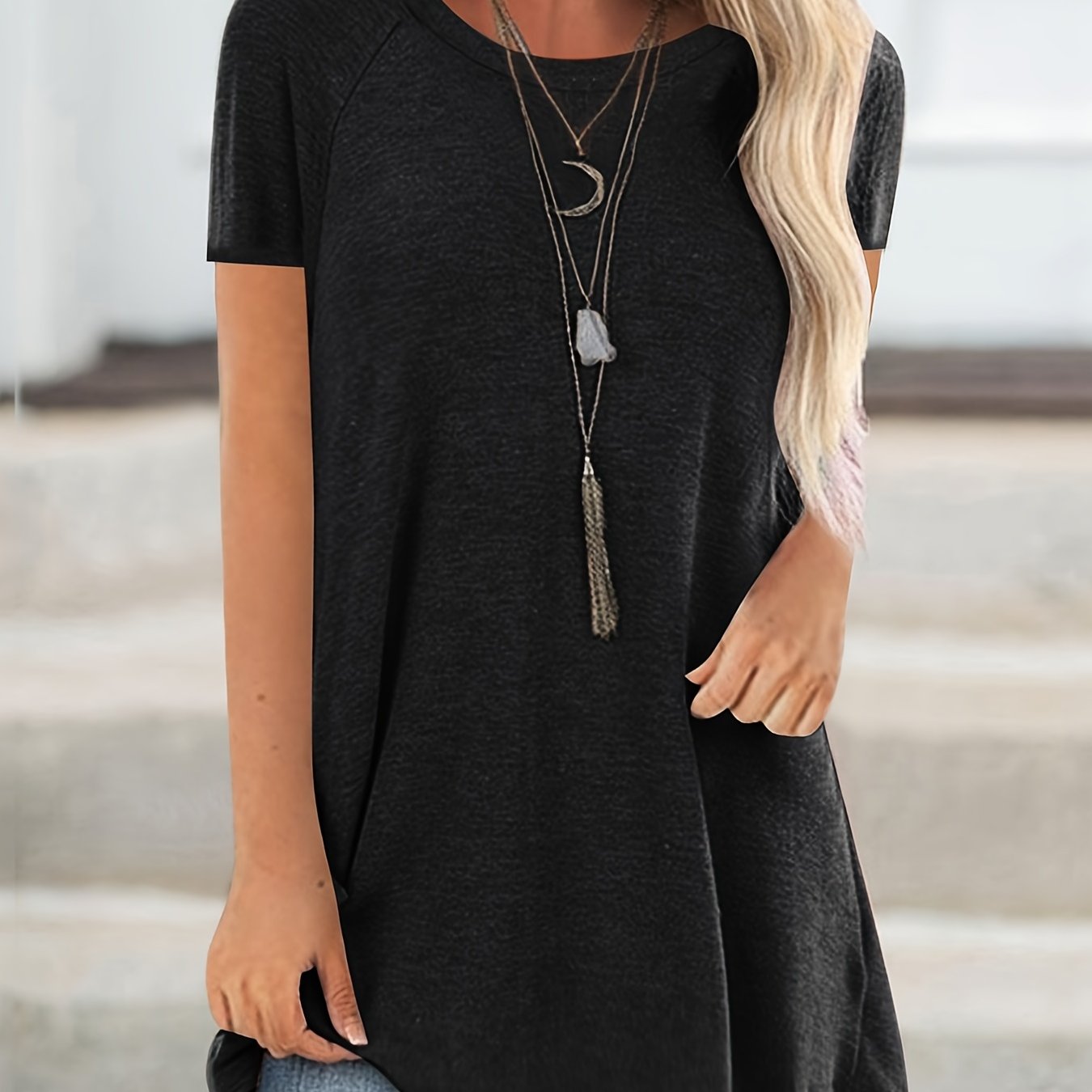 Women's Round Neck V - Neckline Longline Solid Color Short Sleeve T-Shirt - veyora