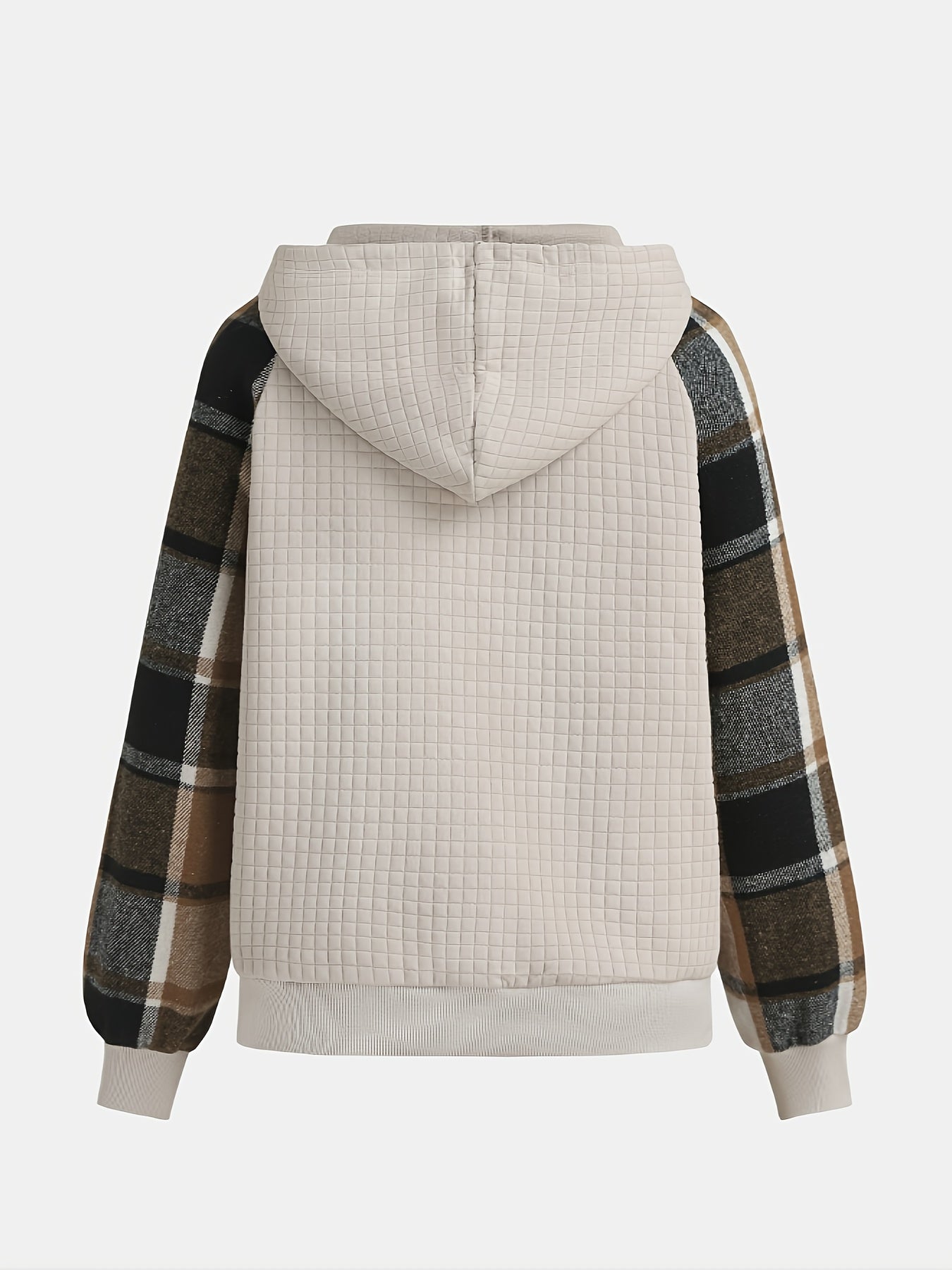 Women's Elegant Plaid Patchwork Hooded V - Neck Pullover Sweatshirt - Soft Textured Long Sleeve Fall Winter Warmth, Machine Washable Regular Fit Casual Chic Top, Cute Sweatshirts, Durable Casualwear - veyora