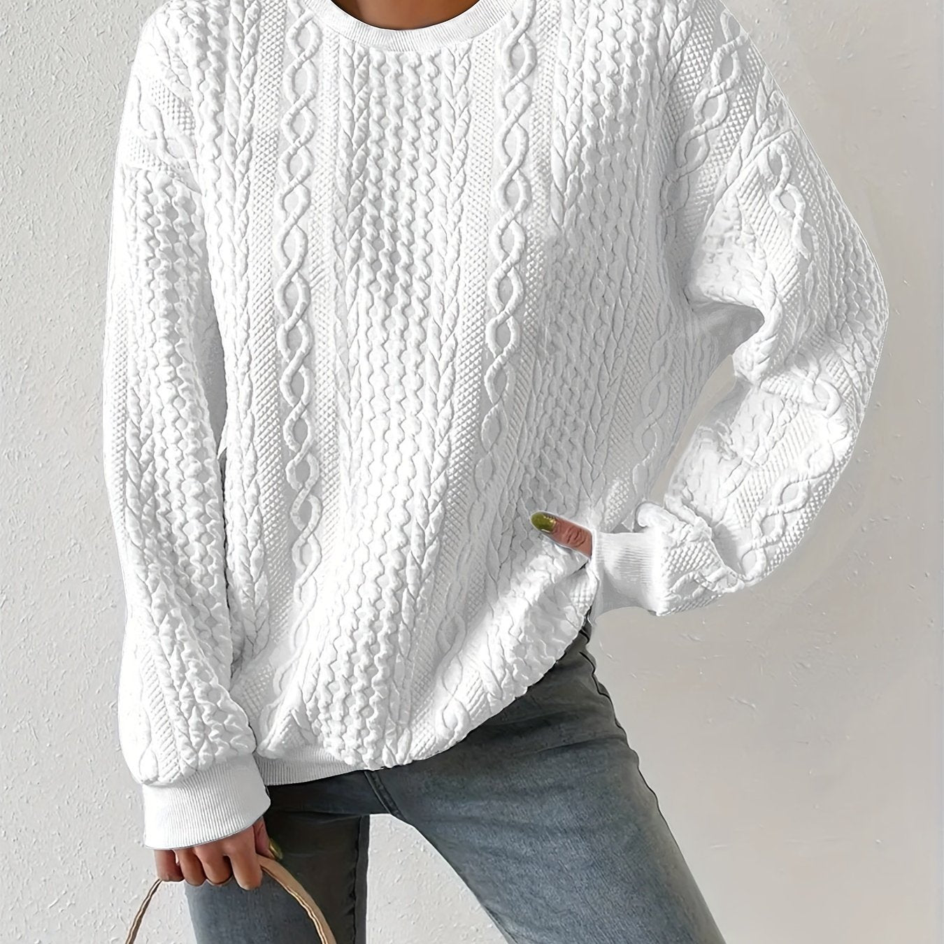 Women's Casual Textured Round Neck Pullover Sweatshirt - Loose Fit Raglan Sleeves, Medium Stretch, Machine Washable, All - Season Comfort, Cute Sweatshirts - veyora