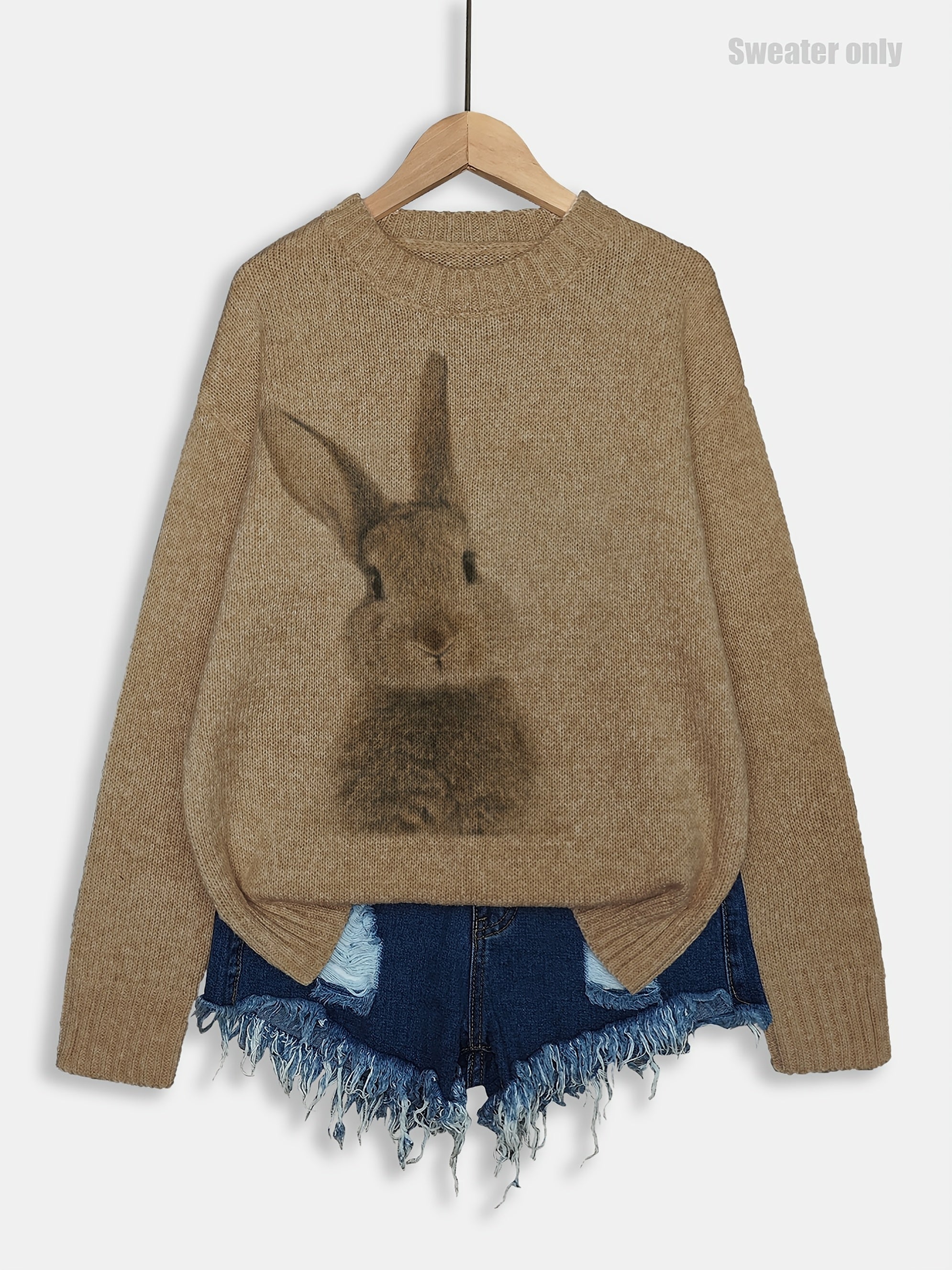 Women's Casual Rabbit Print Color-Block Round Neck Pullover Sweater - Light Blue & White Contrast, Medium Stretch Cozy Fall Winter Knit Top, Relaxed Fit Clothing | Soft Texture Apparel