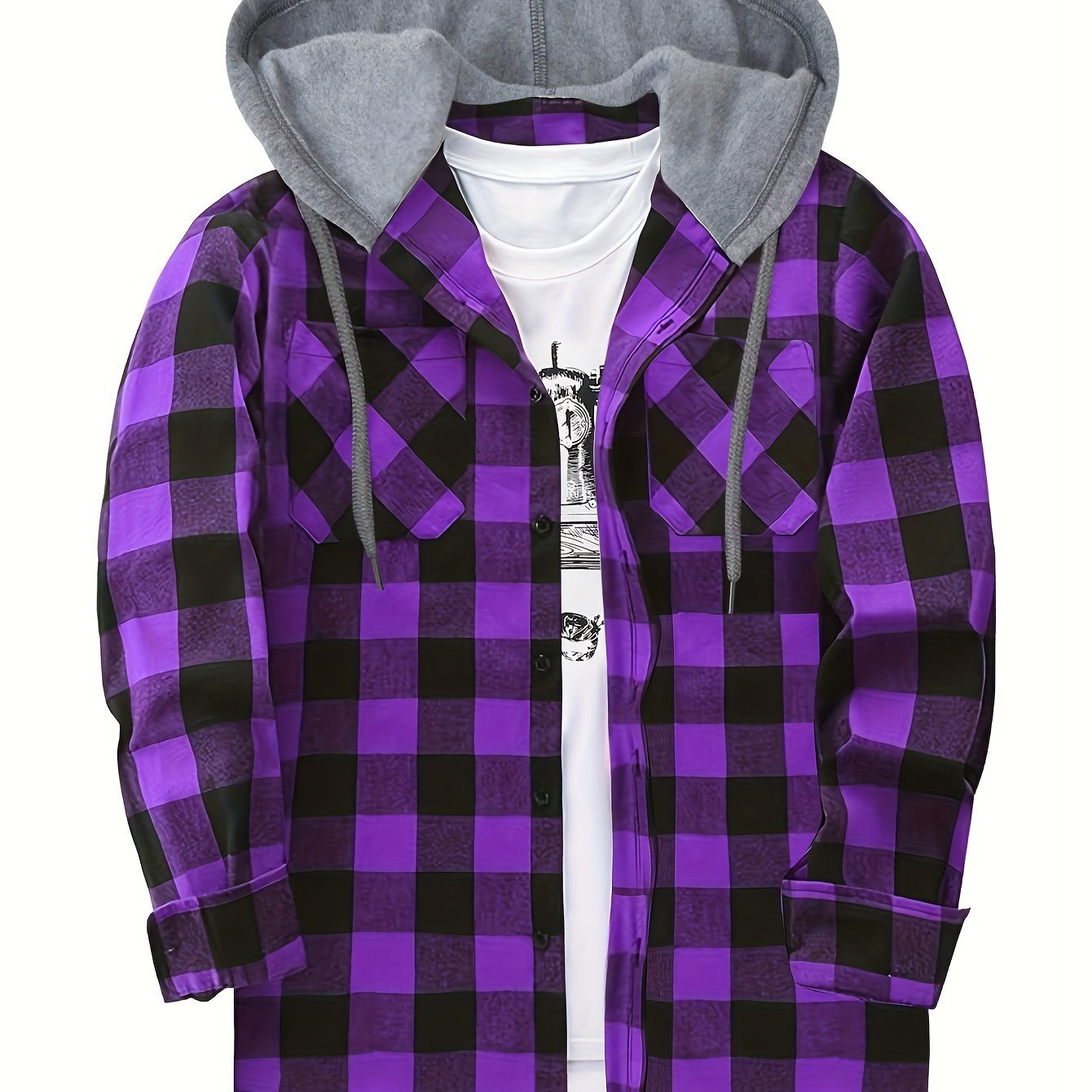 Men's Plaid Hooded Shirt Coat, Long Sleeve, Button Up, Casual Fit - veyora