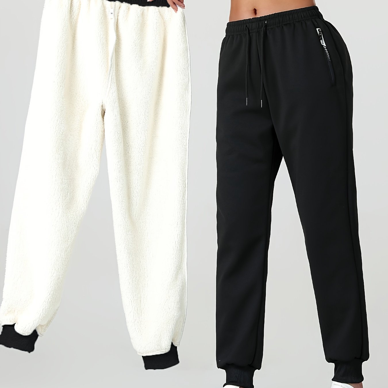 1pc of Autumn/winter Women's Long Pants, - lined Warm Casual Sweatpants for Women, Featuring an Elastic Drawstring Waist, Angled High Quality Zippered Pockets, and Windproof Thermal Cuffed Pants, Suitable for Daily Winter Wear at Home - veyora