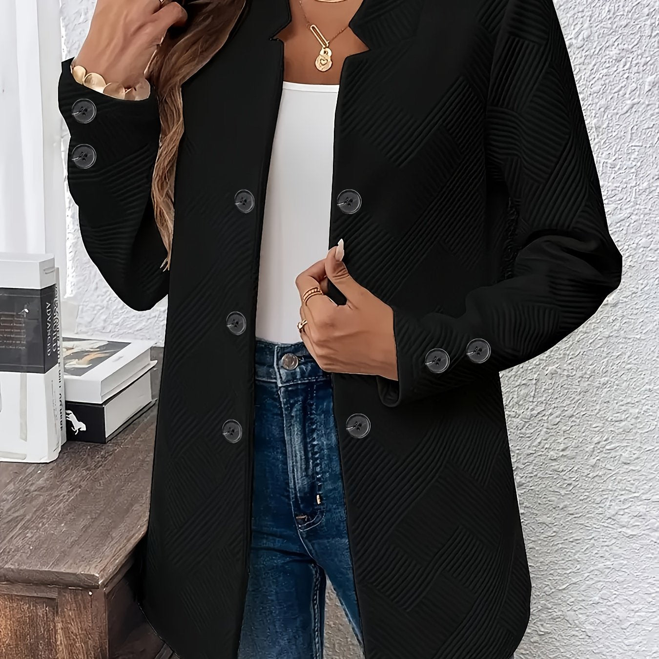 New Fashionable Solid Color Textured Double - button Decorative Pocket Long - sleeve Coat - veyora