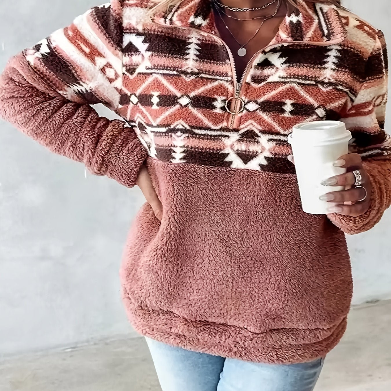 Geo Pattern Half Zipper Teddy Sweatshirt, Casual Long Sleeve Sweatshirt For Fall & Winter, Women's Clothing - veyora