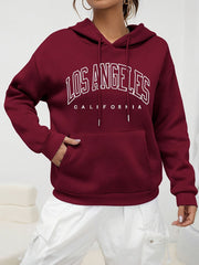 Burgundy Letter Printed Kangaroo Pocket Hoodie, Casual Long Sleeve Drawstring Sweatshirt, Women'S Clothing - veyora