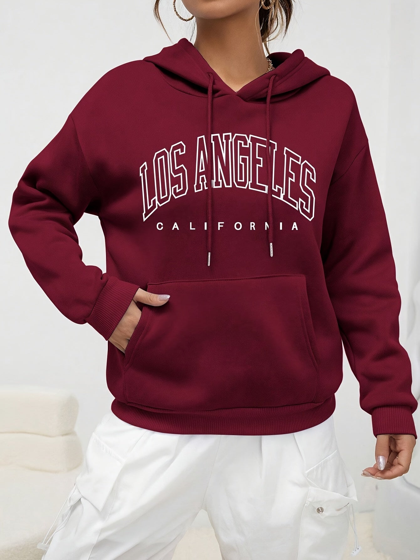 Burgundy Letter Printed Kangaroo Pocket Hoodie, Casual Long Sleeve Drawstring Sweatshirt, Women'S Clothing - veyora