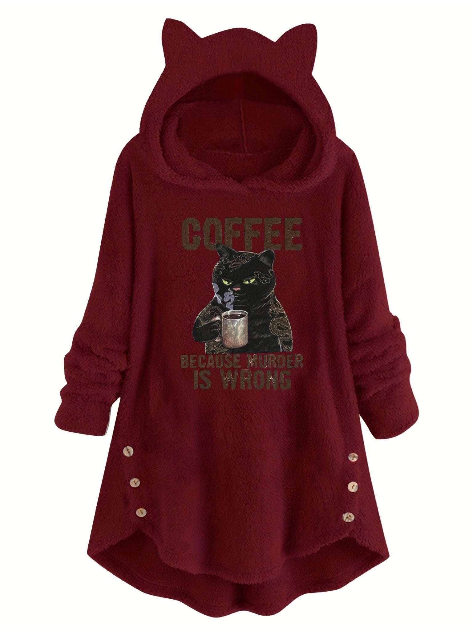 Cat & Slogan Print Teddy Hoodie, Casual Long Sleeve Button Decor Hoodie Sweatshirt, Women's Clothing - veyora