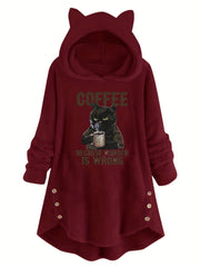 Cat & Slogan Print Teddy Hoodie, Casual Long Sleeve Button Decor Hoodie Sweatshirt, Women's Clothing - veyora