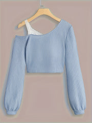 Spring and Autumn Lace Strapless Off - Shoulder Slant Collar T-shirt - veyora