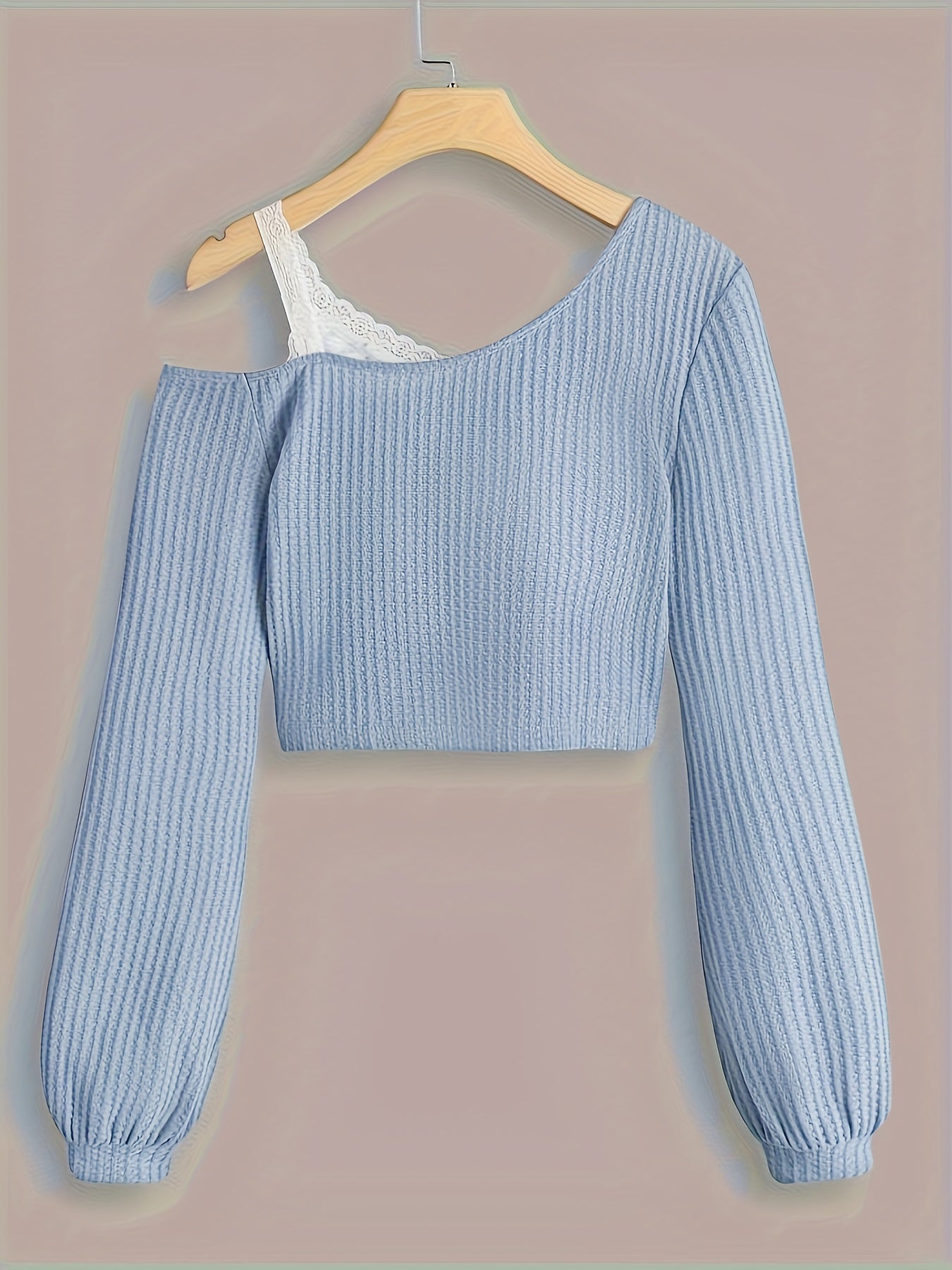 Spring and Autumn Lace Strapless Off - Shoulder Slant Collar T-shirt - veyora
