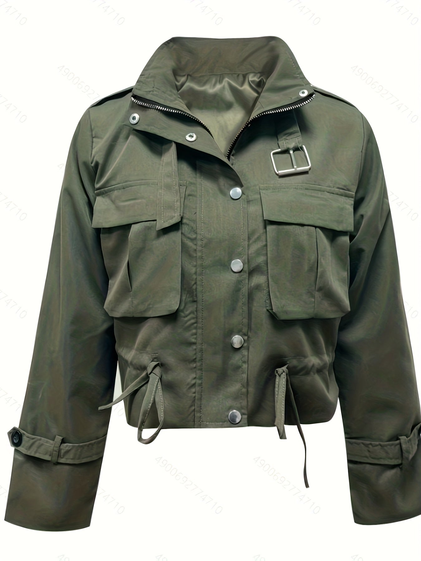 Spring and Autumn Women's Multi - Pocket Work Jacket, Stand Collar Design, Drawstring Waist - Versatile Fashion Coat for Various Occasions - veyora
