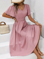 [Pink Polka Dot] Midi Dress for Women - Chic Pink Polka Dot, V-Neck, Ruffle Sleeves, Cinched Waist - Lightweight Polyester, Machine Washable, Perfect for Spring/Summer