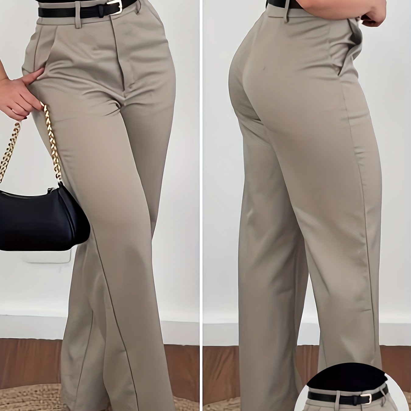 Elegant Solid Color Straight Leg Pants with Diagonal Pockets | All - season Comfort Not Included - veyora