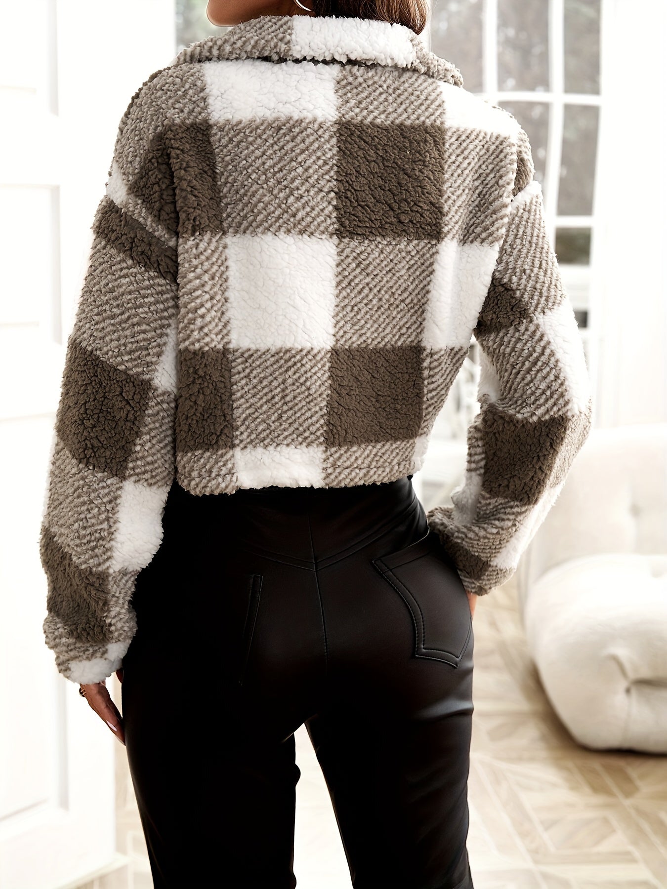 Plaid Print Off - shoulder Zipper Jacket - veyora
