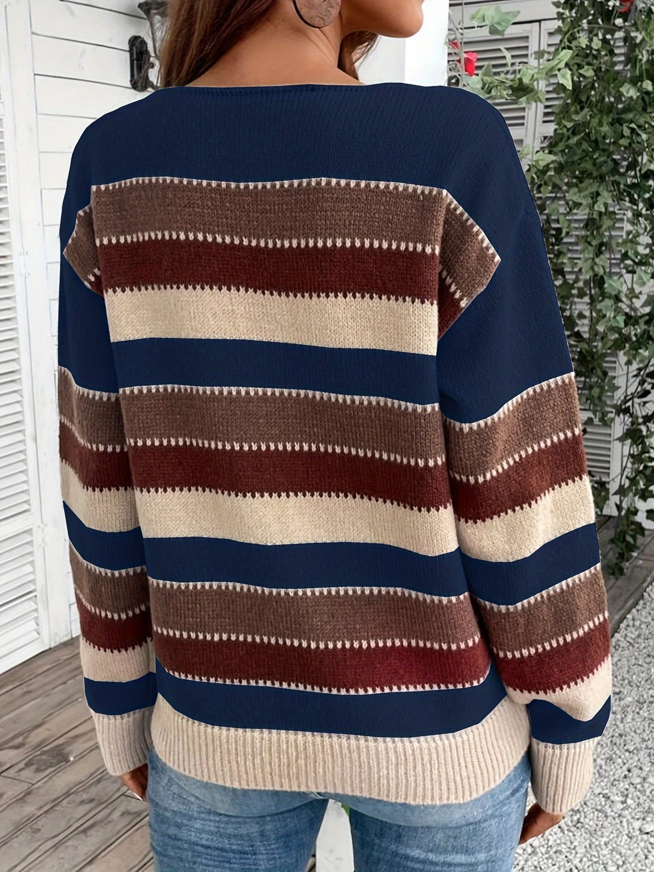 Vibrant Color Block Crew Neck Sweater - Soft, Cozy, Vintage - Inspired Long Sleeve Sweater for Fall and Winter - Womens Fashionable Clothing for Casual Daily Wear - veyora