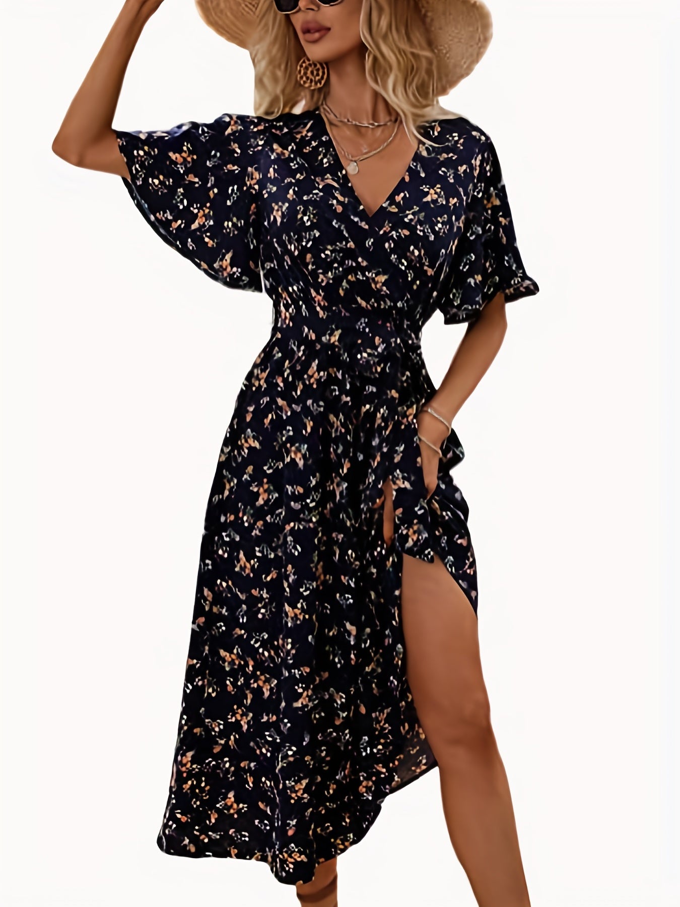 Boho V Neck Slim Waist Floral Print Dress - Flutter Sleeve Women's Clothing