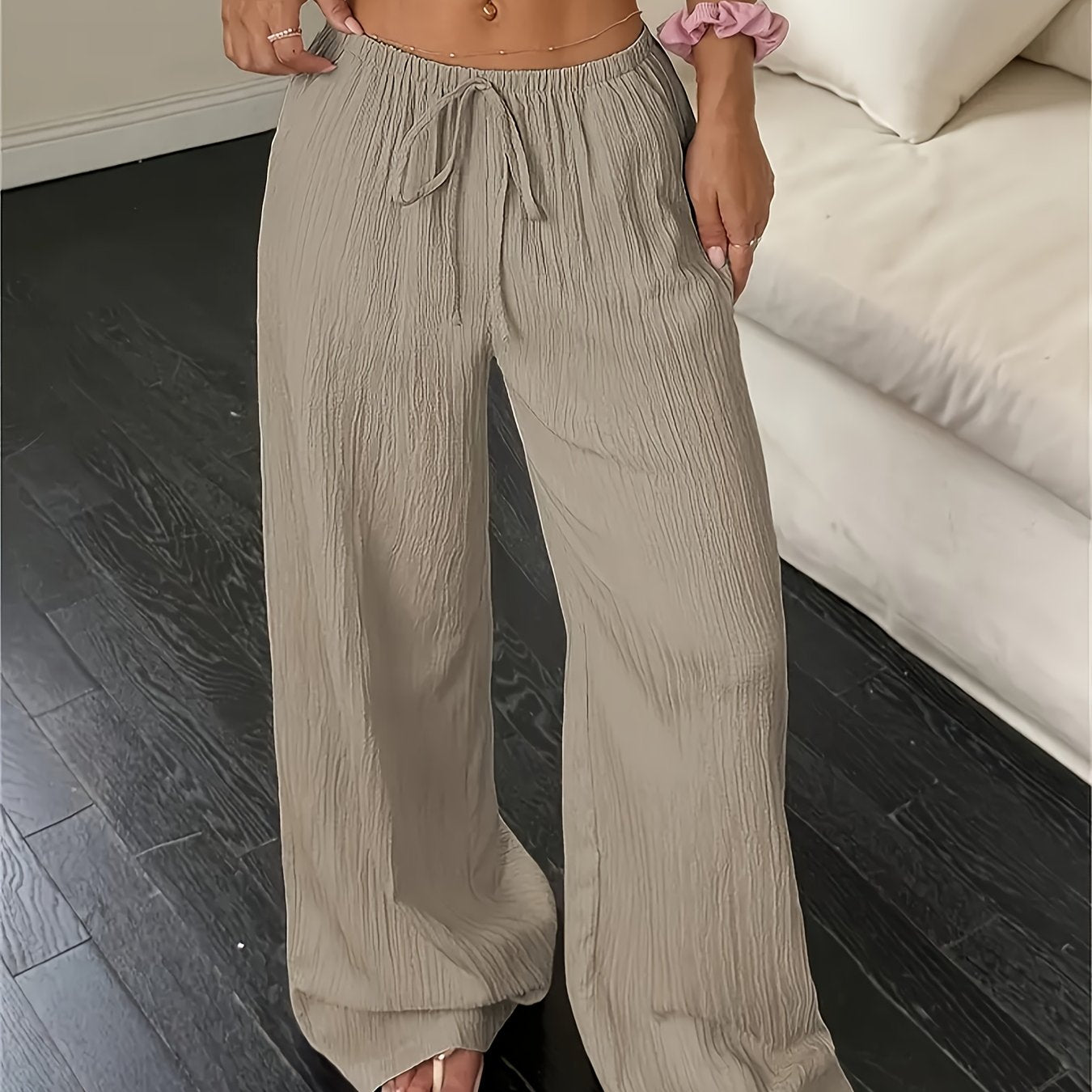 Women's Fashion Casual Khaki Solid Color Elegant Faux Drawstring Straight - Leg Pants - Spring, Summer, and Autumn Solid Color Machine - Washable Trousers, Versatile for Casual and Formal Wear, Faux Drawstring Design, Comfortable and Versatile Style - veyora