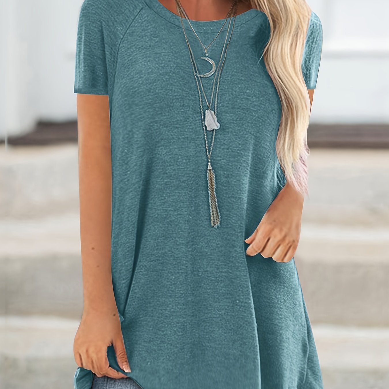 Women's Round Neck V - Neckline Longline Solid Color Short Sleeve T-Shirt - veyora