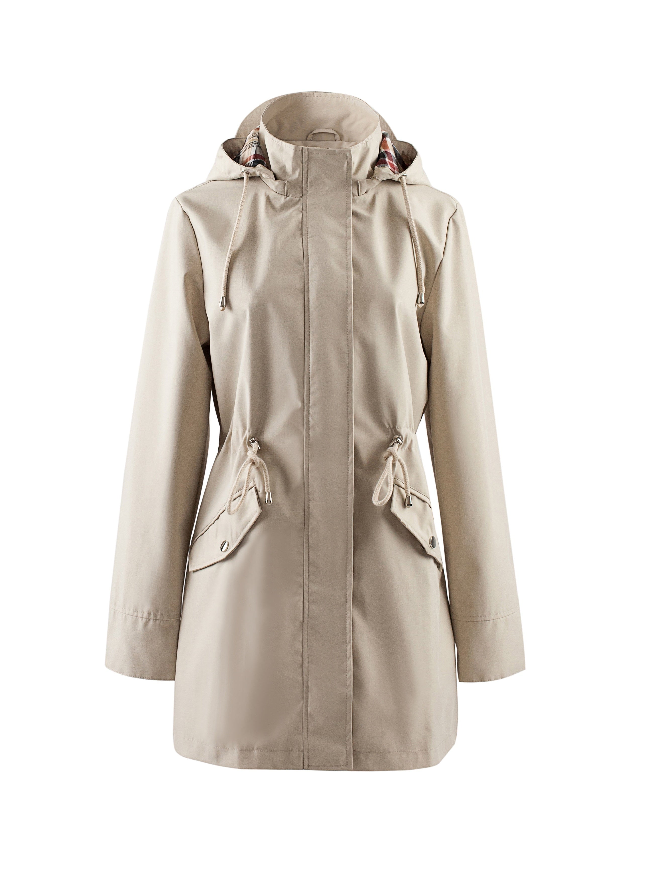 [Polydeer, Waterproof Raincoat] Elegant Green POLYDEER Women's Lightweight Waterproof Raincoat - Breathable, Zip-Up Casual Jacket with Plaid Lining, Adjustable Waist & 3 Pockets for All Seasons